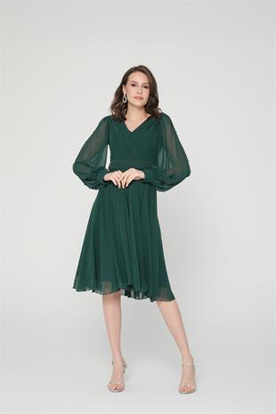 İncili Yeşil Şifon Abiye Elbise