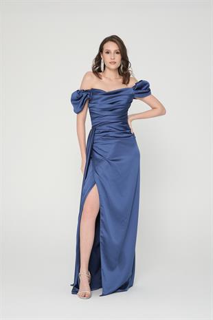 İndigo  Drapeli Yırtmaçlı Abiye Elbise