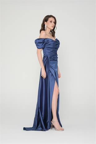 İndigo  Drapeli Yırtmaçlı Abiye Elbise