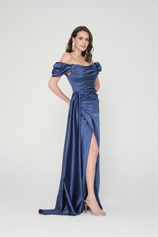 İndigo  Drapeli Yırtmaçlı Abiye Elbise