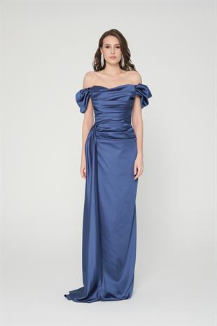 İndigo  Drapeli Yırtmaçlı Abiye Elbise