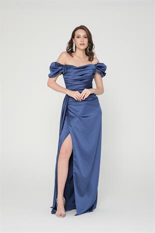 İndigo  Drapeli Yırtmaçlı Abiye Elbise