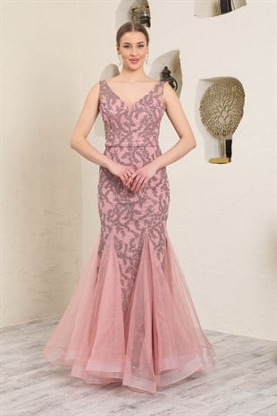 İşlemeli Pudra Balık Abiye Elbise