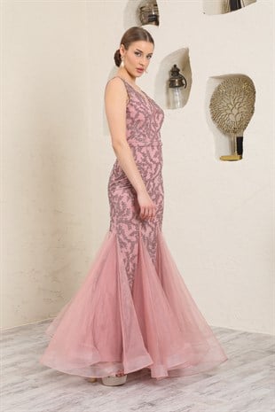 İşlemeli Pudra Balık Abiye Elbise