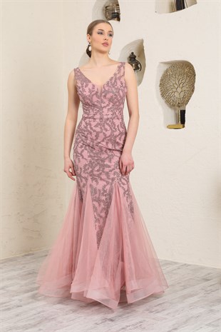 İşlemeli Pudra Balık Abiye Elbise