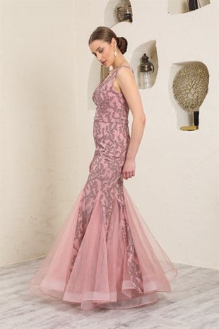 İşlemeli Pudra Balık Abiye Elbise