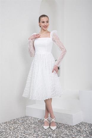 Kare Yaka Midi Boy Beyaz Abiye Elbise