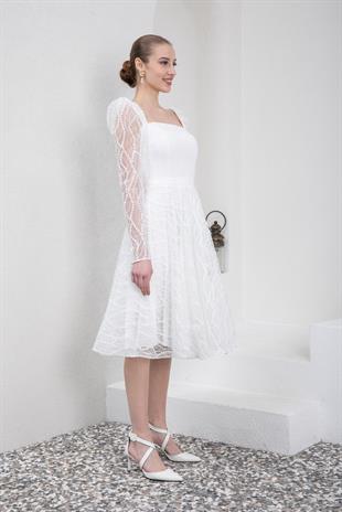 Kare Yaka Midi Boy Beyaz Abiye Elbise