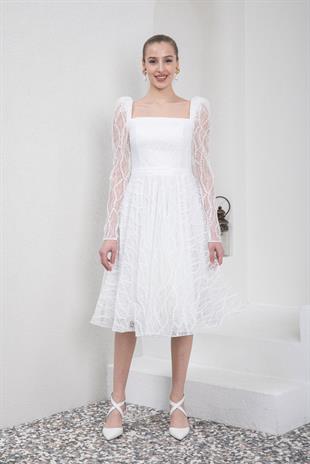 Kare Yaka Midi Boy Beyaz Abiye Elbise