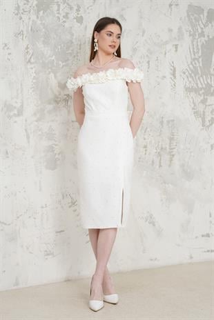 Kayık Yaka Çiçekli Beyaz Abiye Elbise