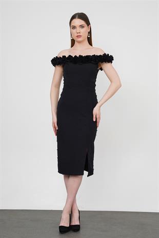 	Kayık Yaka Çiçekli Siyah  Abiye Elbise