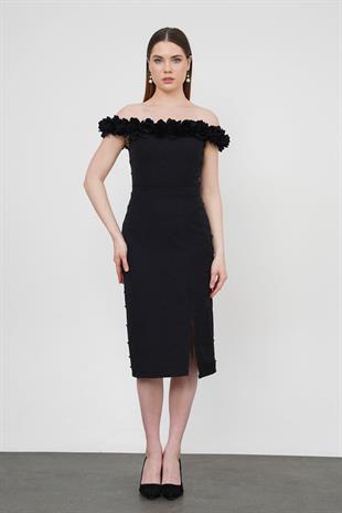 	Kayık Yaka Çiçekli Siyah  Abiye Elbise