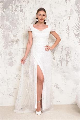 Kayık Yaka İncili Pullu Beyaz Abiye