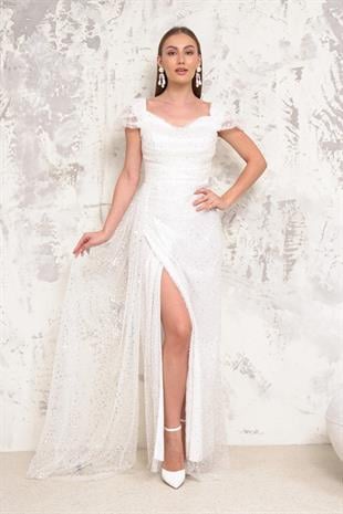 Kayık Yaka İncili Pullu Beyaz Abiye