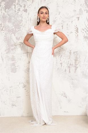 Kayık Yaka İncili Pullu Beyaz Abiye