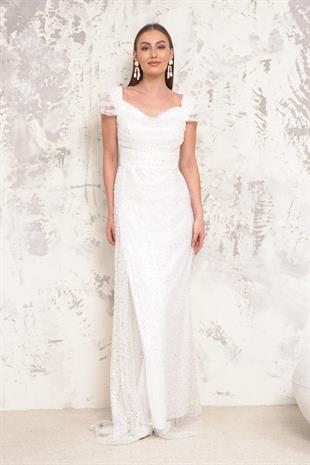 Kayık Yaka İncili Pullu Beyaz Abiye