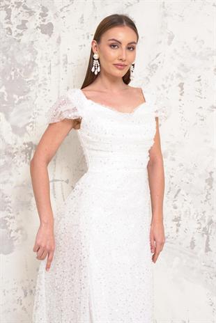 Kayık Yaka İncili Pullu Beyaz Abiye