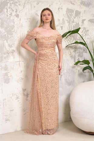 Kayık Yaka İncili Pullu Gold Abiye