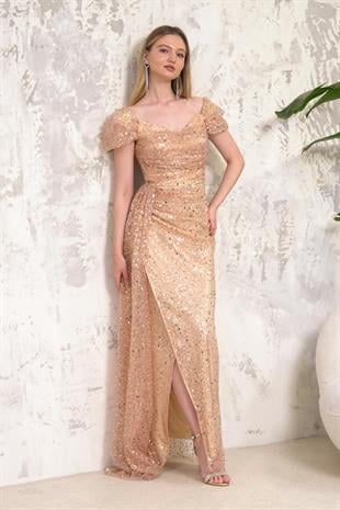 Kayık Yaka İncili Pullu Gold Abiye