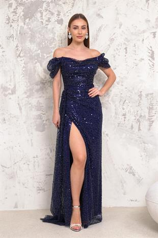 Kayık Yaka İncili Pullu Lacivert Abiye