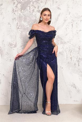 Kayık Yaka İncili Pullu Lacivert Abiye