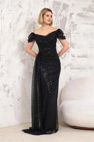 Kayık Yaka İncili Pullu Siyah Abiye