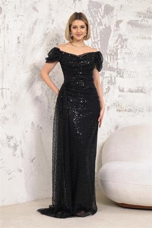 Kayık Yaka İncili Pullu Siyah Abiye