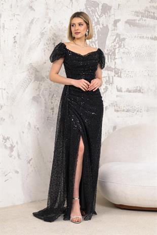 Kayık Yaka İncili Pullu Siyah Abiye