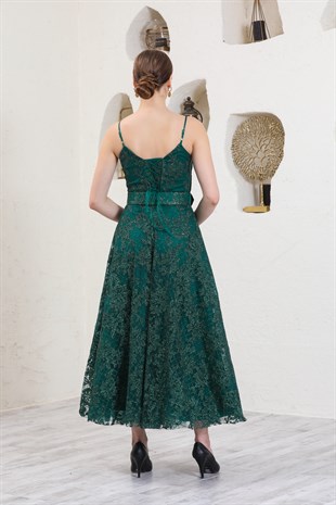 Kemerli Askılı Yeşil  Baskılı Tül  Abiye Elbise