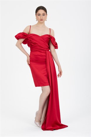 Kırmızı Drapeli Mini Saten Abiye Elbise
