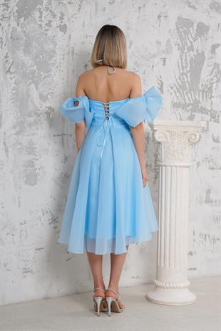 Kol Detaylı Boyundan Bağlamalı Midi Boy Bebe Mavisi Abiye