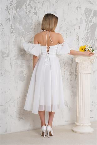 Kol Detaylı Boyundan Bağlamalı Midi Boy Beyaz Abiye