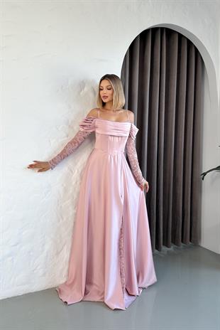 olları Dantelli Pudra Saten Abiye Elbise