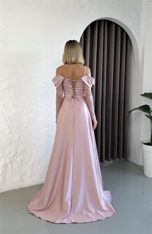 olları Dantelli Pudra Saten Abiye Elbise