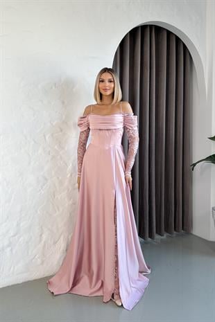 olları Dantelli Pudra Saten Abiye Elbise