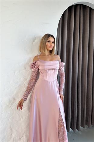 olları Dantelli Pudra Saten Abiye Elbise