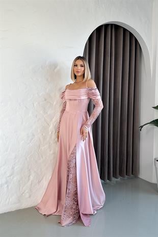 olları Dantelli Pudra Saten Abiye Elbise