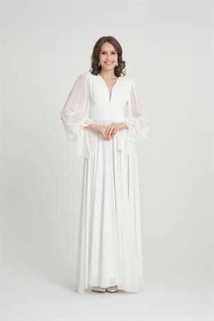 Kolları Taşlı Beyaz Abiye Elbise