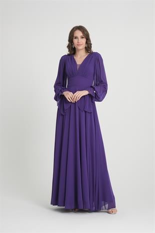 Kolları Taşlı Mor Abiye Elbise