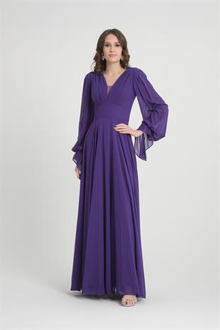 Kolları Taşlı Mor Abiye Elbise