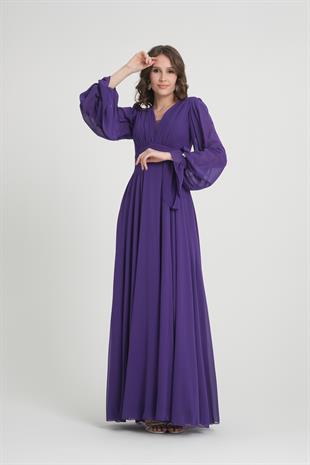 Kolları Taşlı Mor Abiye Elbise