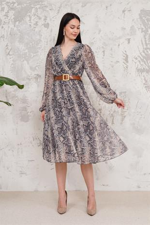 Kruvaze Yaka Desenli Elbise