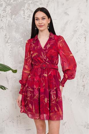 Kruvaze Yaka Mürdüm Mini Elbise