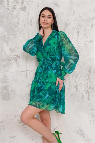 Kruvaze Yaka Yeşil Mini Elbise