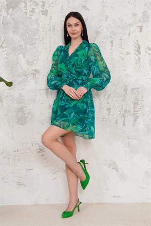 Kruvaze Yaka Yeşil Mini Elbise