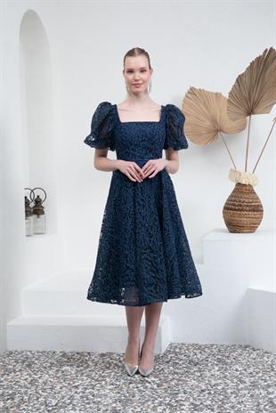 Lacivert Kare Yaka Karpuz Kol Abiye Elbise 