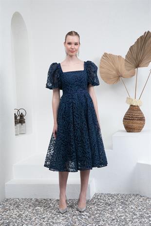 Lacivert Kare Yaka Karpuz Kol Abiye Elbise 