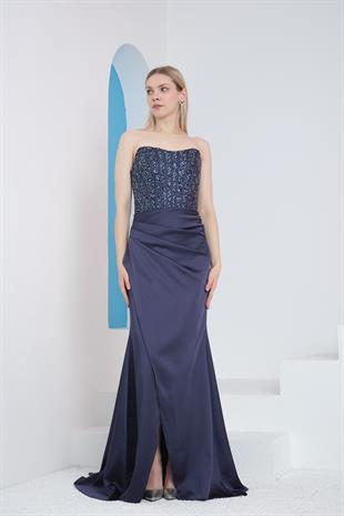 Lacivert Straplez Saten Abiye Elbise