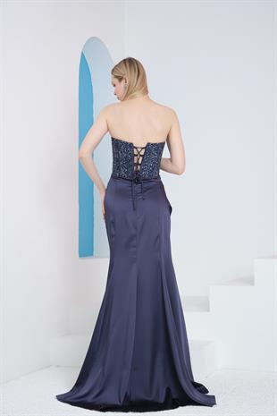 Lacivert Straplez Saten Abiye Elbise