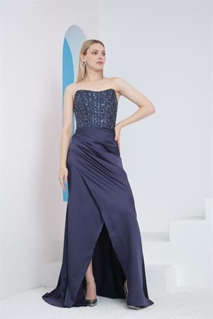 Lacivert Straplez Saten Abiye Elbise